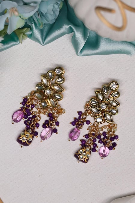 Shop_Ishhaara_Purple Pearls, Stones Embellished Earrings _at_Aza_Fashions