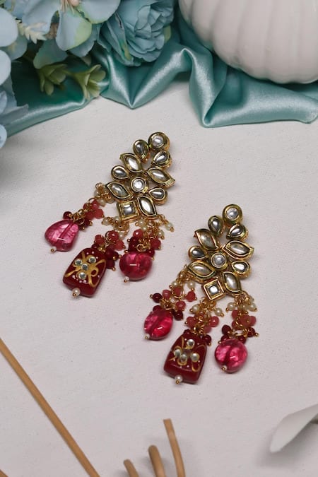Shop Ishhaara Pink Pearls, Stones Flower Shaped Earrings at Aza Fashions Shop_Ishhaara_Pink Pearls, Stones Flower Shaped Earrings _at_Aza_Fashions