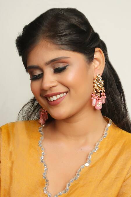 Buy Ishhaara Pink Beads, Gota Patti, Diamonds Kundan Embellished Danglers Buy_Ishhaara_Pink Beads, Gota Patti, Diamonds Kundan Embellished Danglers