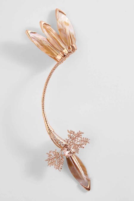 Shop Outhouse Pink Crystals, Cut Work, Diamonds Le Palm Serefina Ear Cuff at Aza Fashions Shop_Outhouse_Pink Crystals, Cut Work, Diamonds Le Palm Serefina Ear Cuff _at_Aza_Fashions