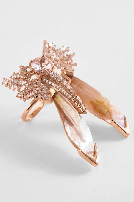 Shop Outhouse Pink Crystals, Cut Work Le Palm Serefina Double Ring at Aza Fashions Shop_Outhouse_Pink Crystals, Cut Work Le Palm Serefina Double Ring _at_Aza_Fashions