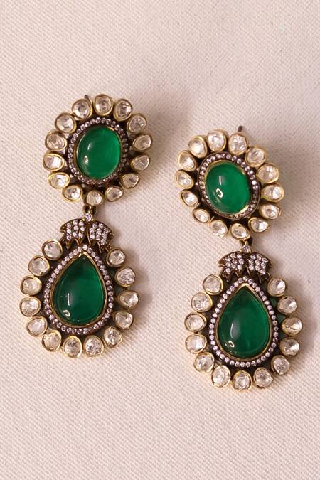 Shop_Ishhaara_Green Stones, Diamonds, Embroidery Emerald Doublet Earrings_at_Aza_Fashions