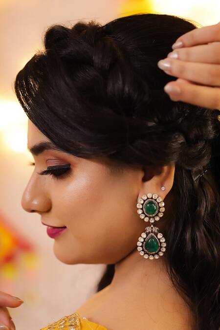 Ishhaara_Green Stones, Diamonds, Embroidery Emerald Doublet Earrings_at_Aza_Fashions