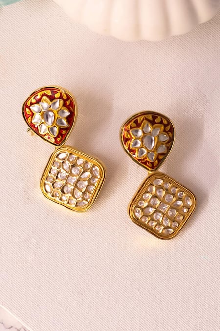 Shop_Ishhaara_Gold Plated Stones Oval Shaped Earrings _at_Aza_Fashions