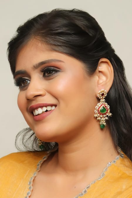 Ishhaara Multi Color Stones, Beads, Zari Tear Drop Shaped Earrings 