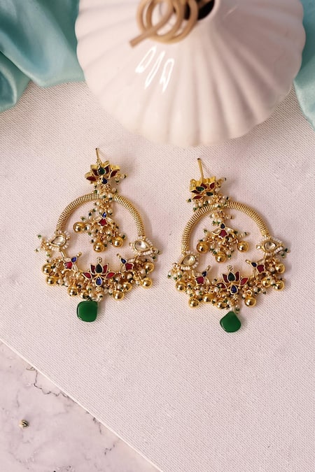 Shop_Ishhaara_Multi Color Stones, Gota Patti Kundan Embellished Earrings _at_Aza_Fashions