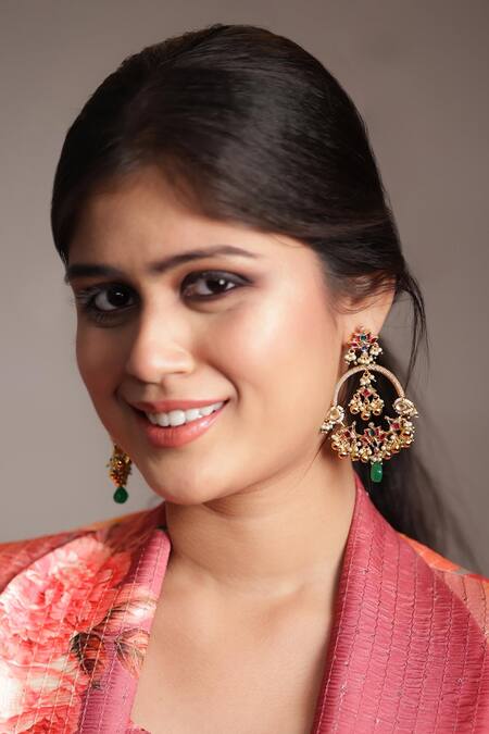Ishhaara_Multi Color Stones, Gota Patti Kundan Embellished Earrings _at_Aza_Fashions
