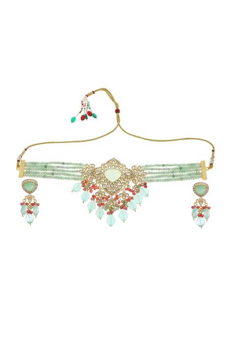 Shop Minaki Green Diamonds, Beads, Stones Mughal Choker Necklace Set at Aza Fashions Shop_Minaki_Green Diamonds, Beads, Stones Mughal Choker Necklace Set_at_Aza_Fashions