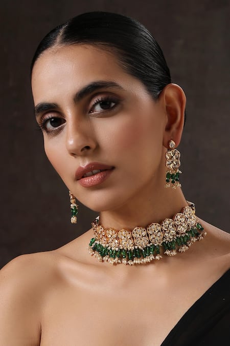 MINAKI Green Beads, Diamonds, Pearls Floral Geometric Choker Necklace Set 