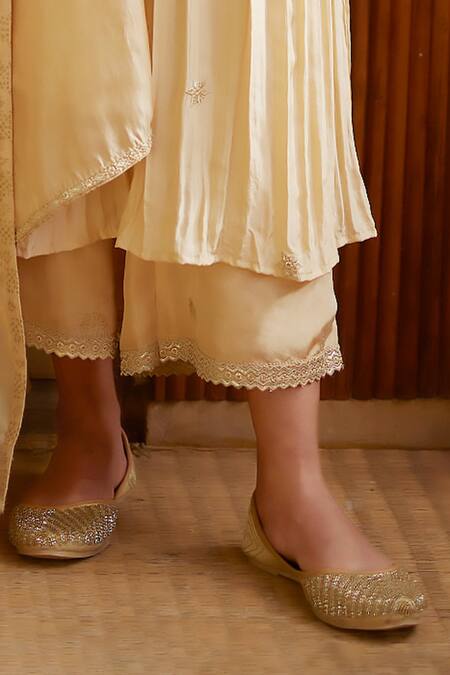 Punit Balana_Gold Silk Embroidery Resham V Neck Anarkali Set _Online_at_Aza_Fashions