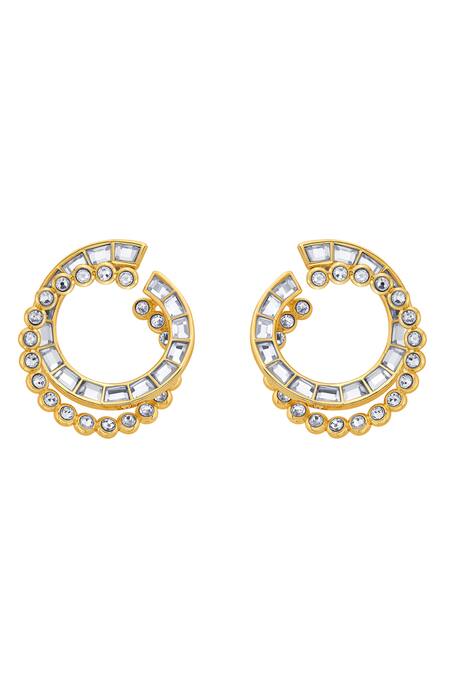 Shop Isharya White Smocking, Diamonds Mirrors On The Move Eclipse Disc Earrings at Aza Fashions Shop_Isharya_White Smocking, Diamonds Mirrors On The Move Eclipse Disc Earrings_at_Aza_Fashions