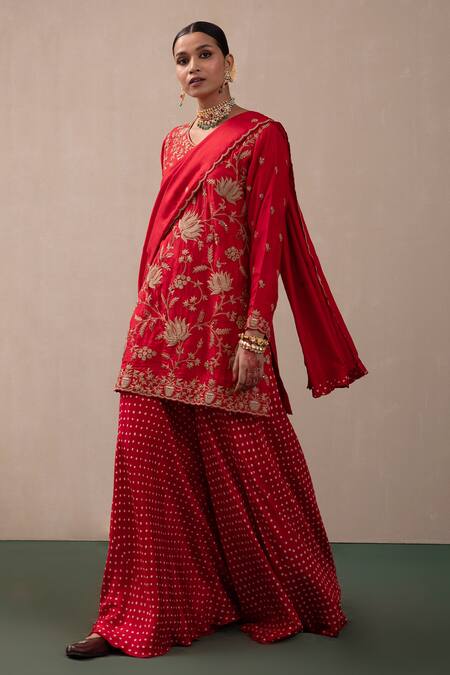 Shop_Pink City By Sarika_Red Silk Embroidery, Sequins, Zari Collared Chanderi Kurta Sharara Set _Online_at_Aza_Fashions