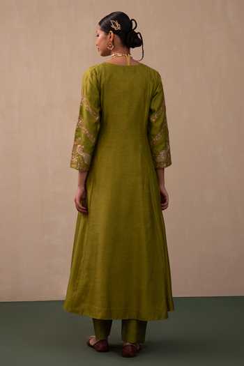 Pink City by Sarika Green Silk, Chanderi, Organza Embroidery, Zari, Sequins V-neck Angarkha Pant Set Online at Aza Fashions Pink City by Sarika_Green Silk, Chanderi, Organza Embroidery, Zari, Sequins V-neck Angarkha Pant Set _Online_at_Aza_Fashions