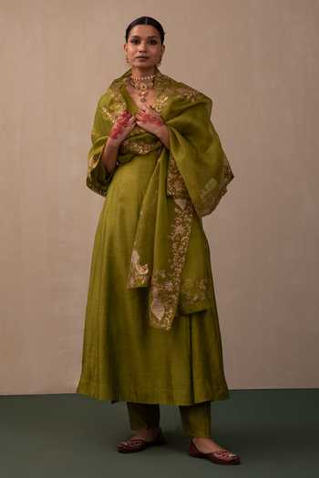 Buy Pink City by Sarika Green Silk, Chanderi, Organza Embroidery, Zari, Sequins V-neck Angarkha Pant Set Online at Aza Fashions Buy_Pink City by Sarika_Green Silk, Chanderi, Organza Embroidery, Zari, Sequins V-neck Angarkha Pant Set _Online_at_Aza_Fashions