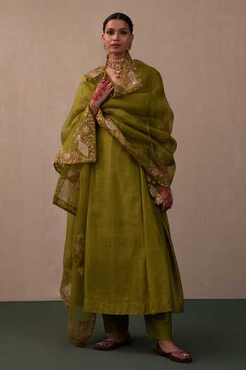 Shop Pink City by Sarika Green Silk, Chanderi, Organza Embroidery, Zari, Sequins V-neck Angarkha Pant Set Online at Aza Fashions Shop_Pink City by Sarika_Green Silk, Chanderi, Organza Embroidery, Zari, Sequins V-neck Angarkha Pant Set _Online_at_Aza_Fashions