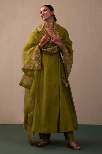Pink City by Sarika Green Silk, Chanderi, Organza Embroidery, Zari, Sequins V-neck Angarkha Pant Set at Aza Fashions Pink City by Sarika_Green Silk, Chanderi, Organza Embroidery, Zari, Sequins V-neck Angarkha Pant Set _at_Aza_Fashions