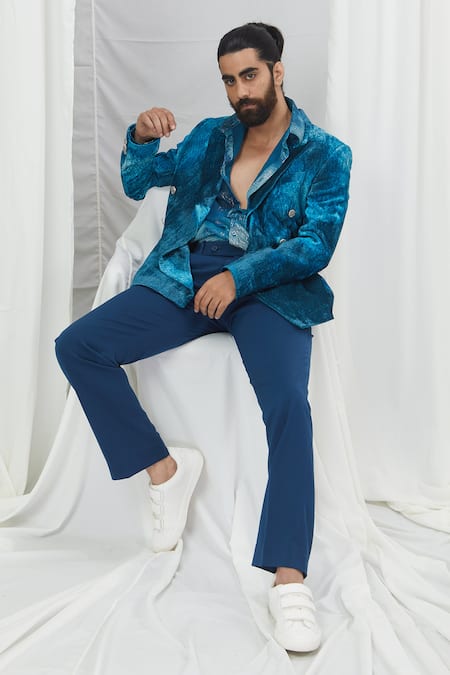 Nirmooha_Blue Microfiber Embroidery Geometric Pattern Pant _Online_at_Aza_Fashions