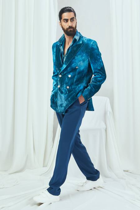 Buy_Nirmooha_Blue Microfiber Embroidery Geometric Pattern Pant _Online_at_Aza_Fashions