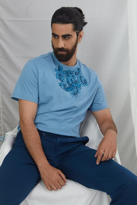 Nirmooha_Blue Microfiber Embroidery Geometric Pattern Pant _at_Aza_Fashions