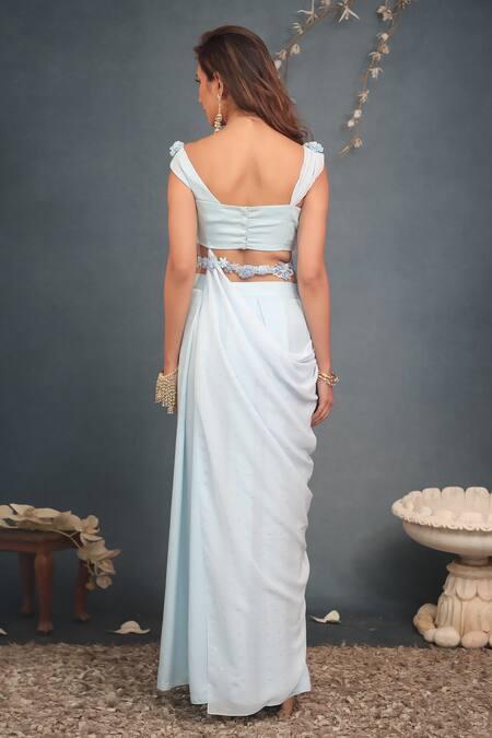 Shop Saaj By Ankita Blue Silk , Crystals, Beads, Fabric Flowers, Top And Palazzo Set at Aza Fashions Shop_Saaj By Ankita_Blue Silk , Crystals, Beads, Fabric Flowers, Top And Palazzo Set _at_Aza_Fashions