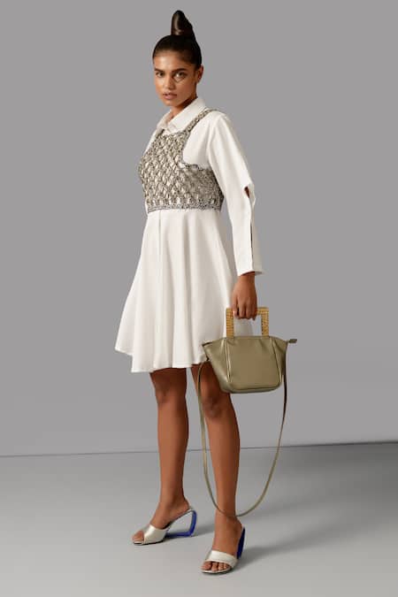 Devina Juneja Grey Leather Round Neck Hamptons Hand Knotted Vest Online at Aza Fashions Devina Juneja_Grey Leather Round Neck Hamptons Hand Knotted Vest _Online_at_Aza_Fashions