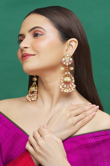Moh-Maya By Disha Khatri_Gold Plated Stones, Pearls, Diamonds Drop Dangler Earrings _at_Aza_Fashions