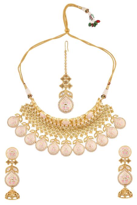 Shop Moh-Maya By Disha Khatri Gold Plated Metallic Thread Meenakari Work Choker Set at Aza Fashions Shop_Moh-Maya By Disha Khatri_Gold Plated Metallic Thread Meenakari Work Choker Set_at_Aza_Fashions