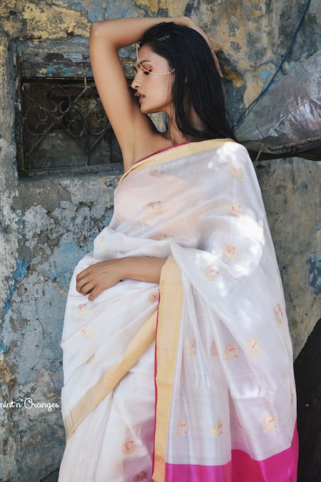 Mint N Oranges_White Pure Chanderi Saree _Online_at_Aza_Fashions