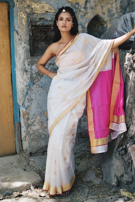 Buy_Mint N Oranges_White Pure Chanderi Saree _Online_at_Aza_Fashions