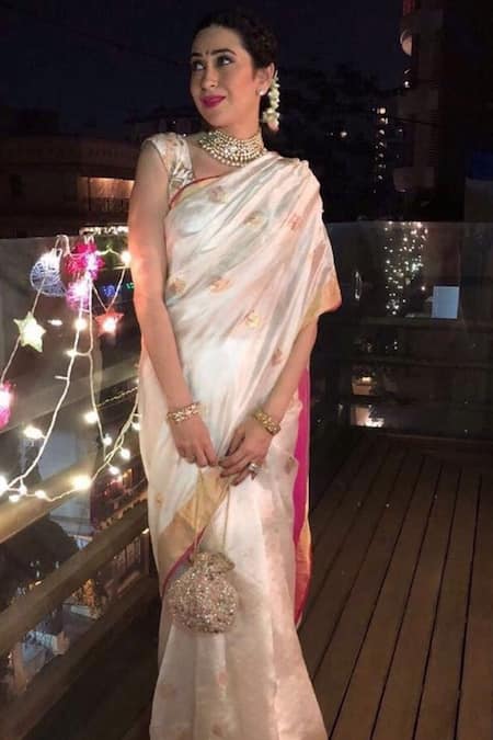 Shop_Mint N Oranges_White Pure Chanderi Saree _Online_at_Aza_Fashions