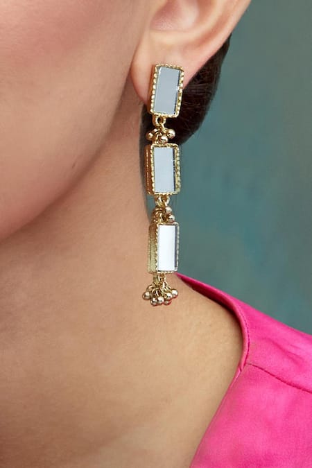 House Of Tuhina Gold Plated Mirrors Brick Earrings 