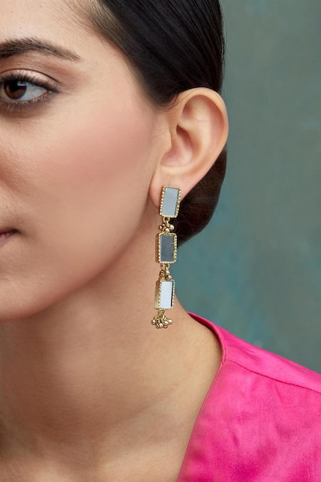 Shop House Of Tuhina Gold Plated Mirrors Brick Earrings at Aza Fashions Shop_House Of Tuhina_Gold Plated Mirrors Brick Earrings _at_Aza_Fashions