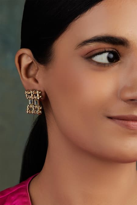 Shop House Of Tuhina Gold Plated Mirrors Studded Teer Earrings at Aza Fashions Shop_House Of Tuhina_Gold Plated Mirrors Studded Teer Earrings _at_Aza_Fashions