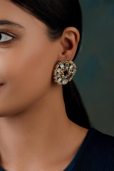 Shop House Of Tuhina Gold Plated Mirrors Studded Saar Earrings at Aza Fashions Shop_House Of Tuhina_Gold Plated Mirrors Studded Saar Earrings _at_Aza_Fashions