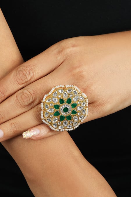Designer Open Brass Gold Stone Studded Ring For Girls & Womens||Golden, 1pc  - SpazaShop