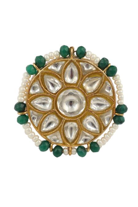 Shop Riana Jewellery Gold Plated Pearls, Stones Jadau Floral Ring at Aza Fashions Shop_Riana Jewellery_Gold Plated Pearls, Stones Jadau Floral Ring _at_Aza_Fashions