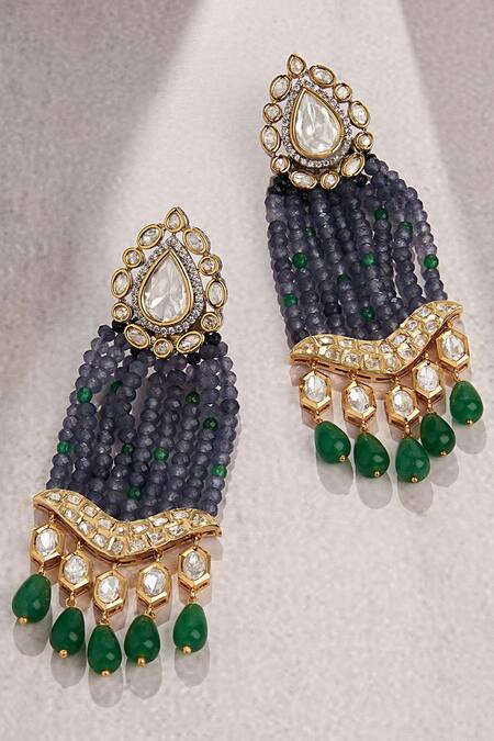Shop Joules by Radhika Blue Gota Patti, Stones Agate Beads Embellished Dangler Earrings at Aza Fashions Shop_Joules by Radhika_Blue Gota Patti, Stones Agate Beads Embellished Dangler Earrings_at_Aza_Fashions