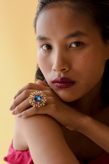 Esme By Aashna Dalmia Blue Stones Geometric Embellished Cutwork Ring 