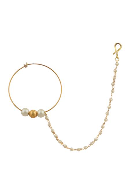 Shop_Riana Jewellery_Gold Plated Pearls, Stones Beads Embellished Chain Nath _at_Aza_Fashions