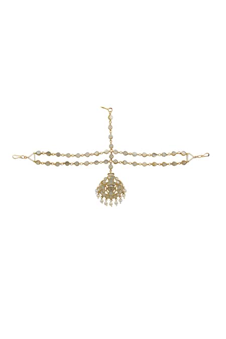 Shop_Riana Jewellery_Gold Plated Real Jadtar Stones Pearl Drop Mathapatti _at_Aza_Fashions