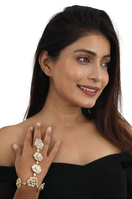 Riana Jewellery_Gold Plated Pearls, Diamonds Floral Motif Hathphools - Set Of 2 _Online_at_Aza_Fashions