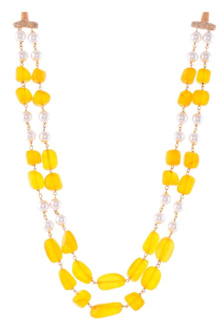 Shop_Kastiya Jewels_Yellow Bead And Pearl Handcrafted Necklace_at_Aza_Fashions