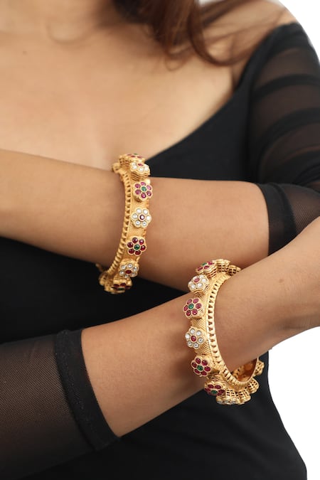 Riana Jewellery Gold Plated Real Jadtar Stones Pacheli Bangles - Set Of 2 