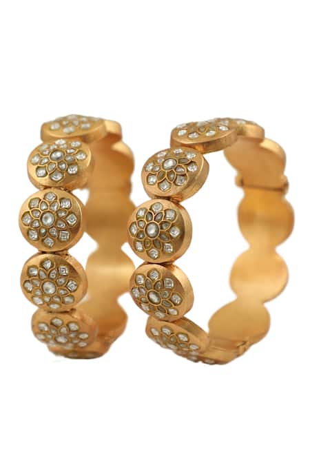 Shop Riana Jewellery Gold Plated Pearls, Diamonds Jadtar Stone Bangle - Single Pc at Aza Fashions Shop_Riana Jewellery_Gold Plated Pearls, Diamonds Jadtar Stone Bangle - Single Pc _at_Aza_Fashions