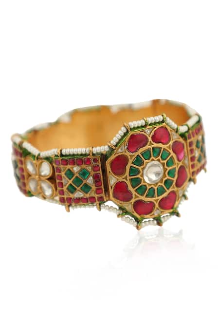 Shop_Riana Jewellery_Gold Plated Pearls, Diamonds, Crystals Rajwadi Meenakari Kada _at_Aza_Fashions