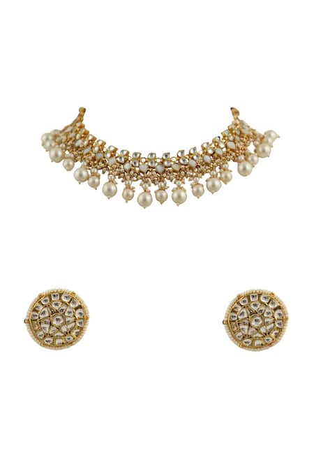 Shop Riana Jewellery Gold Plated Pearls, Glitter, Stones Embellished Choker Set at Aza Fashions Shop_Riana Jewellery_Gold Plated Pearls, Glitter, Stones Embellished Choker Set _at_Aza_Fashions