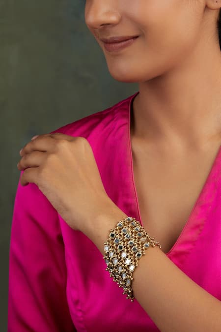Shop_House Of Tuhina_Gold Plated Mirrors Studded Ocean Bracelet _at_Aza_Fashions