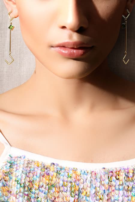 Varnika Arora Gold Plated Stone Long Geometric Earrings 