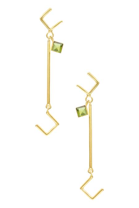 Shop_Varnika Arora_Gold Plated Stones Long Geometric Earrings _at_Aza_Fashions