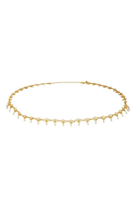 Shop_Zariin_White Enamelled Threads Of Lotus Motif Long Necklace _at_Aza_Fashions